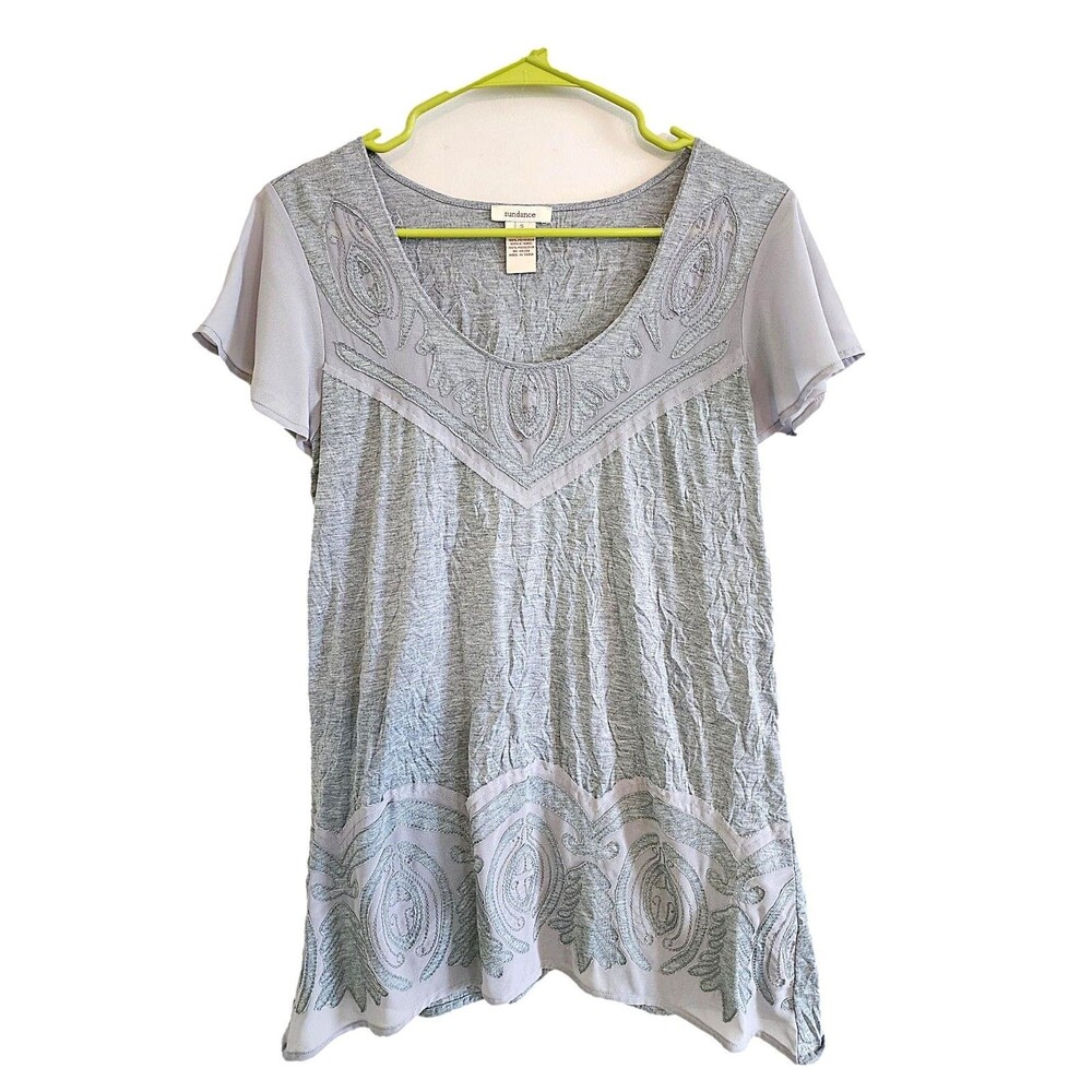 Sundance 'Lucinda' Gray Crinkle Embroidered Sheer Fairy top - Small